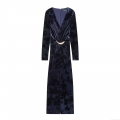 Women's Elegant Velvet V-Neck Long Sleeve Maxi Dress Vintage Slim Fit Evening Party Gown With Gold Crescent Buckle