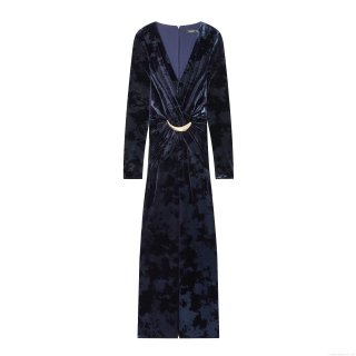 Women's Elegant Velvet V-Neck Long Sleeve Maxi Dress Vintage Slim Fit Evening Party Gown With Gold Crescent Buckle