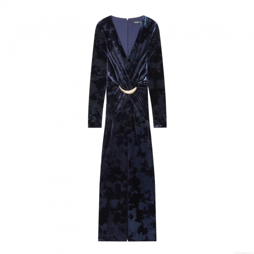 Women's Elegant Velvet V-Neck Long Sleeve Maxi Dress Vintage Slim Fit Evening Party Gown With Gold Crescent Buckle
