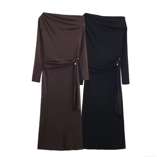 Women's Elegant Off Shoulder Ruched Maxi Dress Sexy Slash Neck Long Sleeve Bodycon Long Dress With Pearl Detail For Party Evening Club Date Night