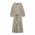 Women's Plaid Shirt Dress Retro Elegant Round Neck Lantern Sleeve Belted Maxi Dress Polyester Blend Woven Gown For Daily Commute Party