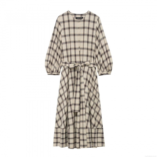 Women's Plaid Shirt Dress Retro Elegant Round Neck Lantern Sleeve Belted Maxi Dress Polyester Blend Woven Gown For Daily Commute Party