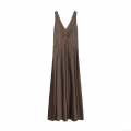 Elegant Women's Satin Maxi Dress Sexy Deep V-Neck Backless Cross Bandage Long Dress For Evening Party Wedding Guest Coffee Brown Polyester Slinky Bodycon Gown