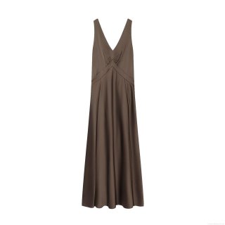 Elegant Women's Satin Maxi Dress Sexy Deep V-Neck Backless Cross Bandage Long Dress For Evening Party Wedding Guest Coffee Brown Polyester Slinky Bodycon Gown