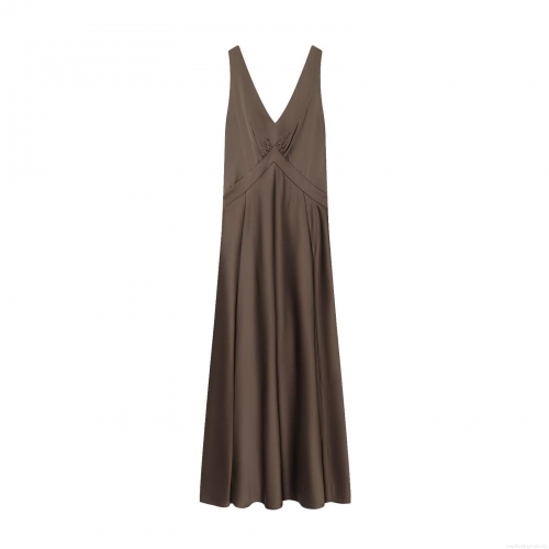 Elegant Women's Satin Maxi Dress Sexy Deep V-Neck Backless Cross Bandage Long Dress For Evening Party Wedding Guest Coffee Brown Polyester Slinky Bodycon Gown