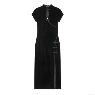 Women's Elegant Velvet Cheongsam Maxi Dress Retro Chinese Style Short Sleeve High Slit Slim Fit Frog Button Evening Party Gown