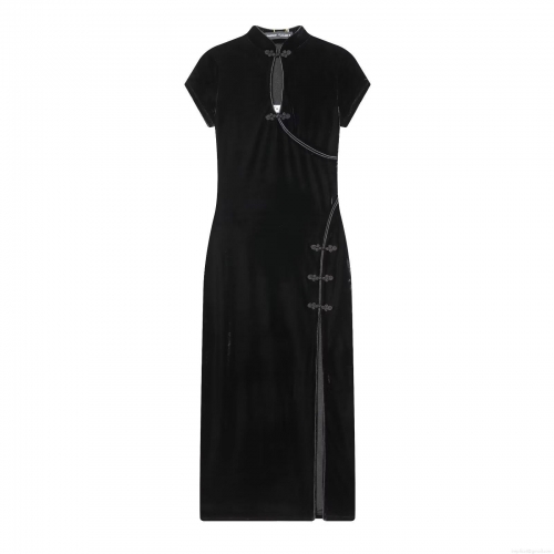 Women's Elegant Velvet Cheongsam Maxi Dress Retro Chinese Style Short Sleeve High Slit Slim Fit Frog Button Evening Party Gown