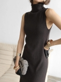 Women's Elegant French High Neck Sleeveless Knitted Maxi Dress Slim Fit Solid Color Ribbed Bodycon Long Dress For Party Evening Clubwear Sexy Lady