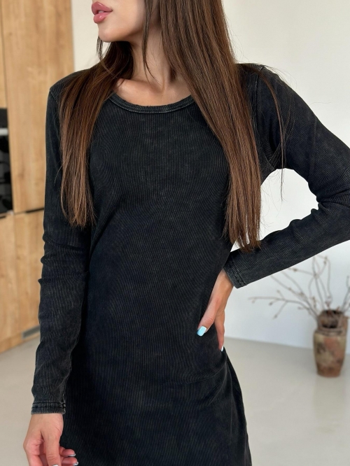 Women's Slim Fit Ribbed Knit Maxi Dress Distressed Acid Wash Round Neck Long Sleeve Split Hem Bodycon Dress For Party Clubwear