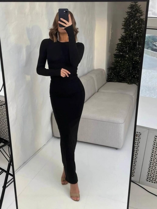 Sexy High Waist Bodycon Maxi Dress Women Long Sleeve Knitted Cotton Blend Solid Color Slim Fit Pencil Long Dress Fall Winter Club Party Streetwear