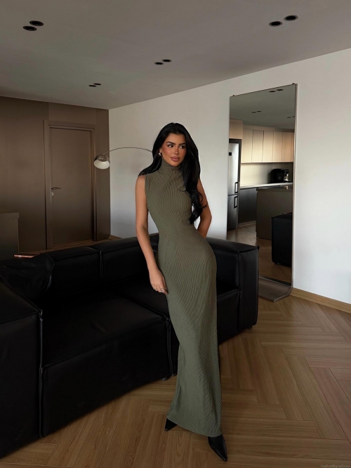 French Style Turtleneck Sleeveless Knit Maxi Dress Cotton Blend Ribbed Sexy Backless Bodycon Slim Fit Long Dress For Women Autumn Winter Party Streetwear