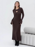Women's Sexy Heart Shaped Cutout Knitted Maxi Dress Autumn Winter Elegant Hepburn Style Slim Fit Flare Sleeve Long Dress Cotton Blend Ribbed Knit Dress