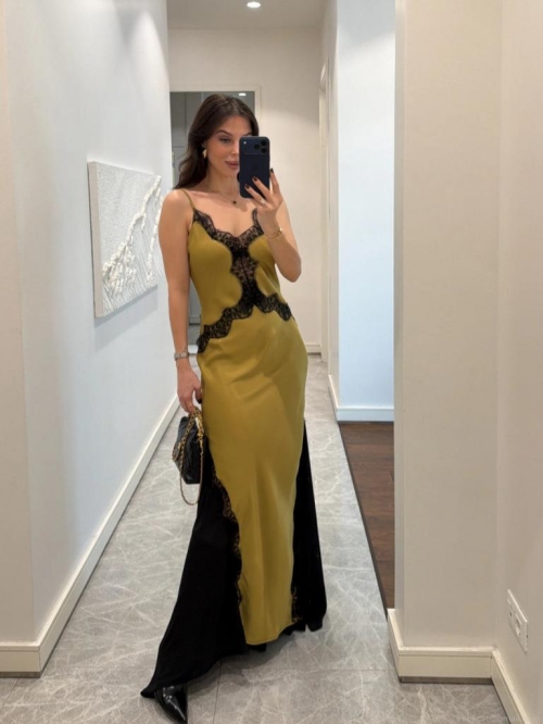 Women Sexy Satin Lace Patchwork Maxi Dress Deep V Neck Backless Spaghetti Strap Bodycon Party Evening Long Dress