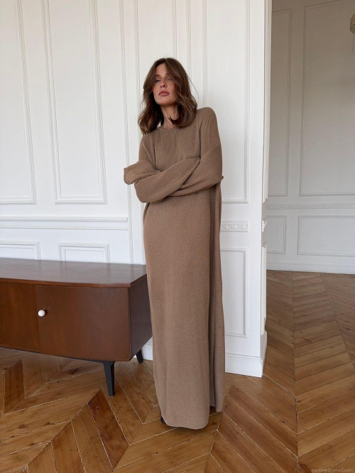 Women's Chic Knitted Maxi Dress Round Neck Long Sleeve Loose Fit Solid Color Minimalist Cotton Polyester Blend Autumn Winter Sweater Dress