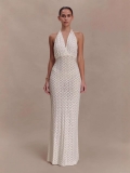 Women Sexy Halter Backless Crochet Knit Maxi Dress Hollow Out Tie Back Slim Fit Beach Long Dress Party Clubwear Summer Vacation