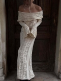 Sexy Off-Shoulder Hollow Knit Maxi Dress For Women Elegant Flare Long Sleeve Crochet Lace Bodycon Long Dress Cotton Polyester Blend Vacation Party Wear