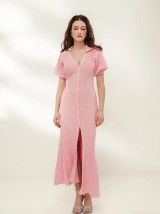 French Elegant Vintage Knit Maxi Dress Women Short Puff Sleeve V-Neck Single Breasted Side Slit Slim Fit Polyester Acrylic Blend Summer Vacation Dress