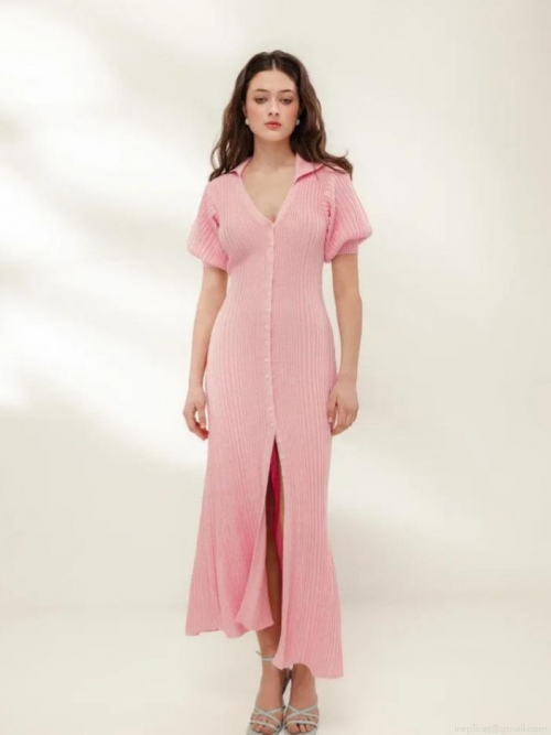 French Elegant Vintage Knit Maxi Dress Women Short Puff Sleeve V-Neck Single Breasted Side Slit Slim Fit Polyester Acrylic Blend Summer Vacation Dress