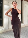 Women Sexy Sleeveless Bodycon Maxi Dress Ribbed Knit Cotton Distressed Hole Hem Round Neck Slim Fit Maillard Color Streetwear Long Dress