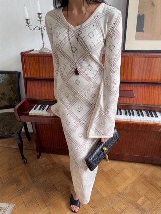 Women's Sexy Geometric Hollow Out Knitted Maxi Dress Cotton Polyester Blend V-Neck Flare Long Sleeve Slim Fit Crochet Bodycon Dress For Party Daily