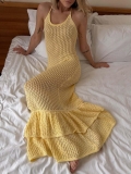 Women's Sexy Hollow Out Crochet Camisole Dress Bohemian Ruffle Knitwear Maxi Long Dress For Summer Beach Vacation Slim Fit Sleeveless V-Neck Sundress