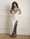 Women's Sexy Satin Slip Maxi Dress Lace Trim Backless V Neck High Slit Evening Gown For Summer Party Nightwear