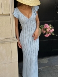 Women Sexy V Neck Ruffle Backless Knit Maxi Dress French Style Hollow Out Crochet Bodycon Long Dress For Beach Vacation Summer
