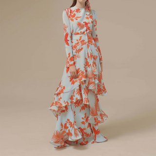 Women's Bohemian Tropical Floral Bird Print Maxi Dress Ruffle Tiered Hem Long Sleeve Round Neck Polyester Vacation Long Skirt Elegant Summer Holiday Dress