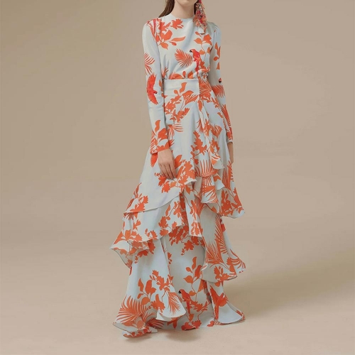 Women's Bohemian Tropical Floral Bird Print Maxi Dress Ruffle Tiered Hem Long Sleeve Round Neck Polyester Vacation Long Skirt Elegant Summer Holiday Dress
