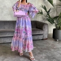 Elegant Floral Off-The-Shoulder Maxi Dress Women Long Sleeve Ruched Splicing Big Swing Polyester Long Dresses For Daily Dating Party