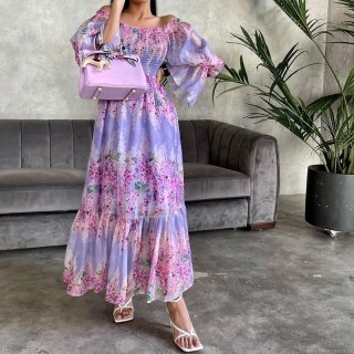 Elegant Floral Off-The-Shoulder Maxi Dress Women Long Sleeve Ruched Splicing Big Swing Polyester Long Dresses For Daily Dating Party
