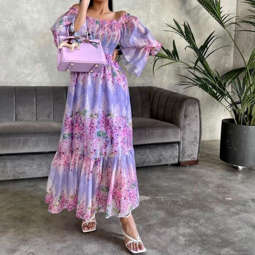 Elegant Floral Off-The-Shoulder Maxi Dress Women Long Sleeve Ruched Splicing Big Swing Polyester Long Dresses For Daily Dating Party