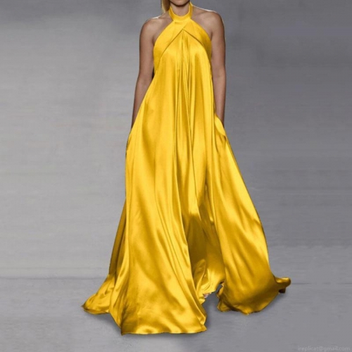 Women Elegant Halter Neck Satin Maxi Dress Solid Color Backless Big Swing Party Evening Formal Long Dress