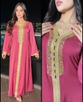 Women Magenta Satin Kaftan Abaya Maxi Dress Gold Embroidery Rhinestones V Neck Long Sleeve Elegant Middle Eastern Robe Party Evening Gown