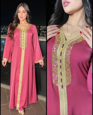 Women Magenta Satin Kaftan Abaya Maxi Dress Gold Embroidery Rhinestones V Neck Long Sleeve Elegant Middle Eastern Robe Party Evening Gown