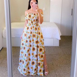 Women Off Shoulder Maxi Dress High Split Floral Sunflower Printed Boho Beach Dress Elegant Graduated Color Party Summer Sundress