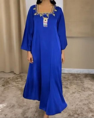 Muslim Women Royal Blue Satin Jalibaya Gold Embroidery Rhinestone Maxi Dress Middle East Long Sleeve Kaftan Arabic Ethnic Robe Party Evening Wear