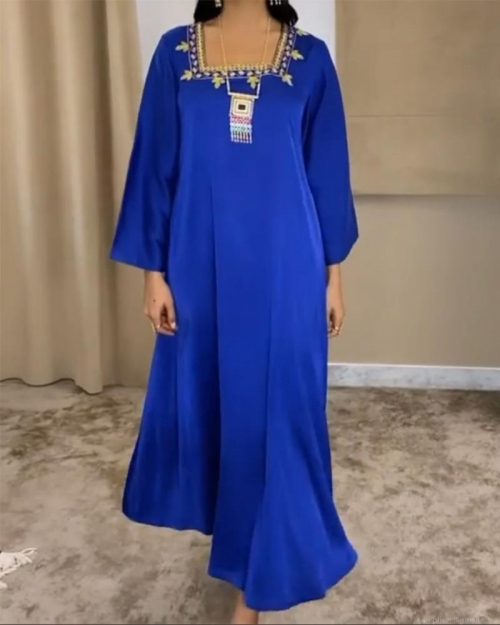 Muslim Women Royal Blue Satin Jalibaya Gold Embroidery Rhinestone Maxi Dress Middle East Long Sleeve Kaftan Arabic Ethnic Robe Party Evening Wear