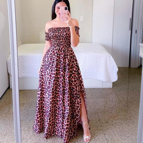 Women's Off-The-Shoulder Maxi Dress Polyester Floral Sunflower Leopard Print Summer Vacation Beach Split Long A-Line Dress Sweet Casual Sundress For Ladies