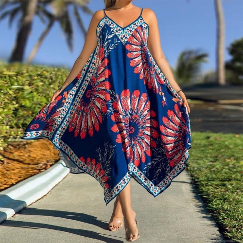 Women's Bohemian Printed V-Neck Sling Maxi Dress Polyester Irregular Hem Beach Vacation Sleeveless A-Line Summer Long Sundress For Women