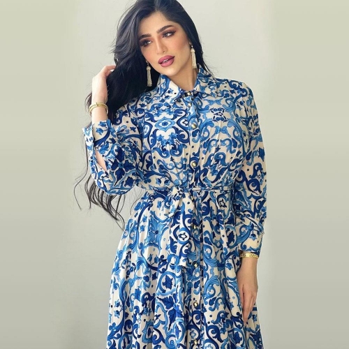 Women's Cotton Blend Majolica Print Shirt Dress Long Sleeve Lapel Button Down Maxi Dress With Tie Blue White Elegant Mediterranean Style Ethnic Dress