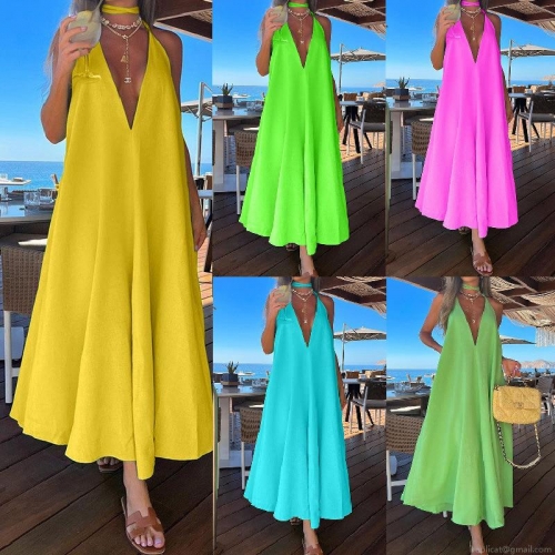 Women Deep V-Neck Halter Backless Maxi Dress Elegant Solid Color Tie-Up A-Line Beach Long Dress For Summer Vacation Party Women Polyester Sundress