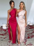 Women One Shoulder Satin Maxi Dress Sexy High Side Split Ruched Sleeveless Elegant Evening Gown Solid Color Wedding Guest Party Prom Dress