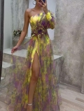 Sexy One Shoulder High Slit Floral Print Mesh Maxi Dress With 3D Flower Feather Elegant Tie Dye Evening Party Prom Gown For Women