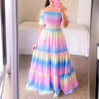 Women's Off-Shoulder Printed Maxi Dress Polyester Smocked Tiered A-Line Long Dress For Summer Vacation Beach Party Bohemian Style Ladies