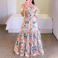 Women Off The Shoulder Floral Maxi Dress Smocked Bust Tiered Ruffle Summer Beach Resort Long Dress Short Sleeve Printing Polyester Skirt