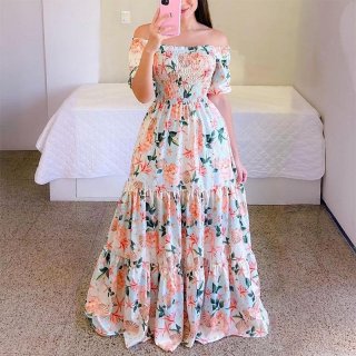 Women Off The Shoulder Floral Maxi Dress Smocked Bust Tiered Ruffle Summer Beach Resort Long Dress Short Sleeve Printing Polyester Skirt