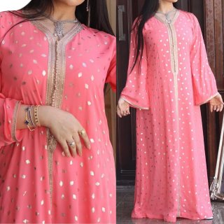 Women's Middle Eastern Kaftan Abaya Maxi Dress Gold Stamped Ethnic V-Neck Long Sleeve Pink Cotton Blend Robe For Banquet Party Celebration