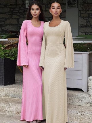 Women Ribbed Knit Maxi Dress Flare Long Sleeve Bodycon Long Gown Chic Backless Tie-Up Solid Color Polyester Dress For Women Casual Evening Party Minimalist Muslim Robe