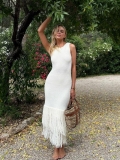 Women's Sexy Sleeveless Knit Maxi Dress With Multi-Layer Fringe Tassel Bodycon Slim Fit U-Neck Backless Elegant Vacation Party Clubwear Long Dress
